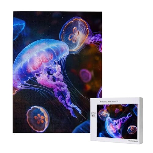 Bunte Quallen bedrucktes Intelligenz-Puzzle aus Holz, 38 x 52 cm, 500 Teile (in Box), Lernspiel für Erwachsene, Heimdekorationspuzzle von JKSEEPYN