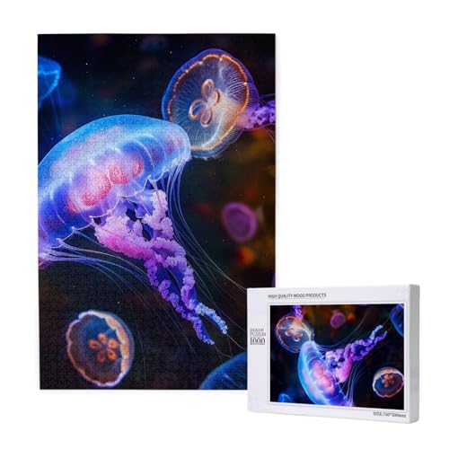 Bunte Quallen bedrucktes Intelligenz-Puzzle aus Holz, 50 x 75 cm, 1000 Teile (in Box), Puzzle, Lernspiel für Erwachsene, Heimdekoration, Puzzle von JKSEEPYN