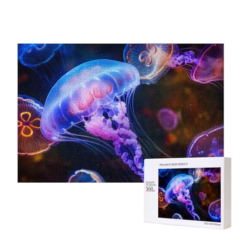 Bunte Quallen gedrucktes Intelligenz-Puzzle aus Holz, 40 x 28 cm, 300 Teile (verpackt), Puzzle, Lernspiel für Erwachsene, Heimdekoration, Puzzle von JKSEEPYN