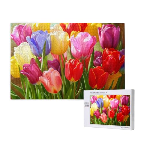 Bunte Tulpen gedrucktes Holzblock-Puzzle – 1000 Teile (verpackt) Puzzle Lernspiel – Heimdekoration Puzzle von JKSEEPYN
