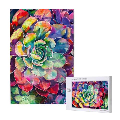 Buntes Sukkulenten-Puzzle aus Holz, Intelligenz-Puzzle, 50 x 75 cm, 1000 Teile (in Box), Lernspiel für Erwachsene, Heimdekoration, Puzzle von JKSEEPYN