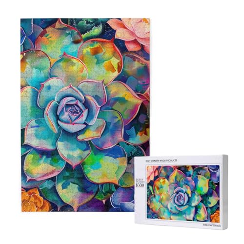 Buntes Sukkulenten-Puzzle aus Holz, Intelligenz-Puzzle, 50 x 75 cm, 1000 Teile (in Box), Lernspiel für Erwachsene, Heimdekoration, Puzzle von JKSEEPYN