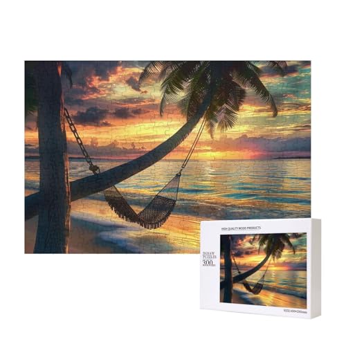 Coconut Beach Sonnenuntergang Hängematte bedrucktes Intelligenz-Puzzle aus Holz, 40 x 28 cm, 300 Teile (verpackt), Puzzle, Lernspiel für Erwachsene, Heimdekoration, Puzzle von JKSEEPYN