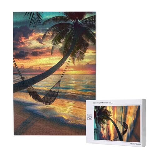 Coconut Beach Sonnenuntergang Hängematte bedrucktes Intelligenz-Puzzle aus Holz, 50 x 75 cm, 1000 Teile (verpackt), Puzzle, Lernspiel für Erwachsene, Heimdekorationspuzzle von JKSEEPYN