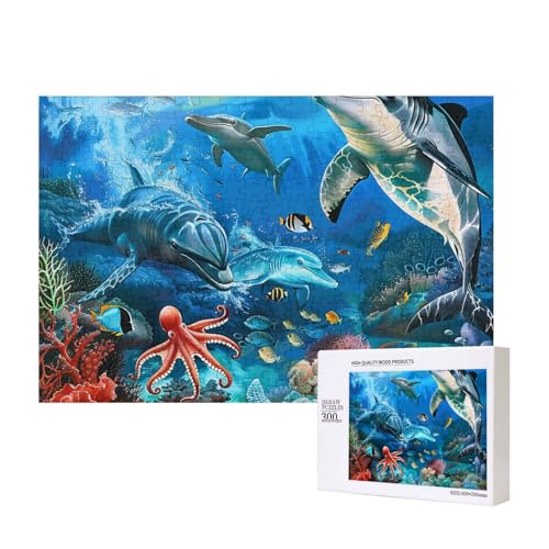 Delfine, Meeresschildkröte, Korallenriff, bedrucktes Intelligenz-Puzzle aus Holz, 40 x 28 cm, 300 Teile (verpackt), Puzzle, Lernspiel für Erwachsene, Heimdekoration, Puzzle von JKSEEPYN