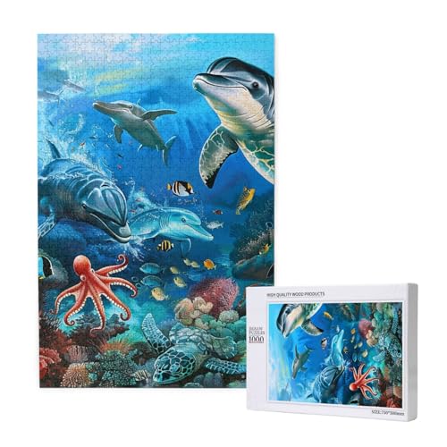 Delfine, Meeresschildkröte, Korallenriff, bedrucktes Intelligenz-Puzzle aus Holz, 50 x 75 cm, 1000 Teile (verpackt), Lernspiel für Erwachsene, Heimdekorationspuzzle von JKSEEPYN