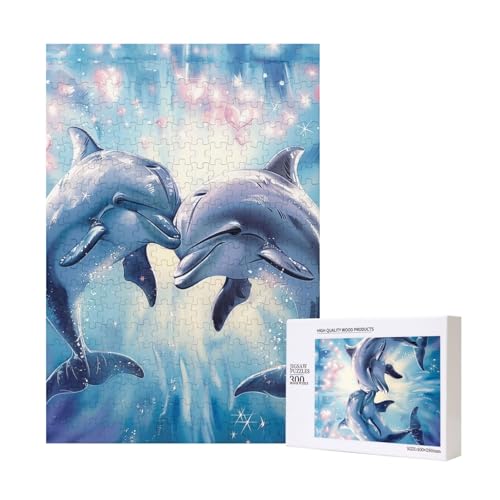 Dolphins in Love 1 gedrucktes Intelligenz-Puzzle aus Holz, 28 x 40 cm, 300 Teile (verpackt), Lernspiel für Erwachsene, Heimdekoration, Puzzle von JKSEEPYN