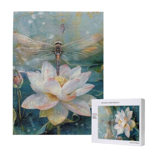 Dragonfly Lotus bedrucktes Intelligenz-Puzzle aus Holz, 38 x 52 cm, 500 Teile (verpackt), Puzzle, Lernspiel für Erwachsene, Heimdekoration, Puzzle von JKSEEPYN