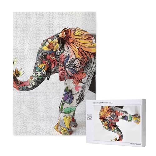 Elefant bedrucktes Intelligenz-Puzzle aus Holz, 50 x 75 cm, 1000 Teile (verpackt), Puzzle, Lernspiel für Erwachsene, Heimdekoration, Puzzle von JKSEEPYN
