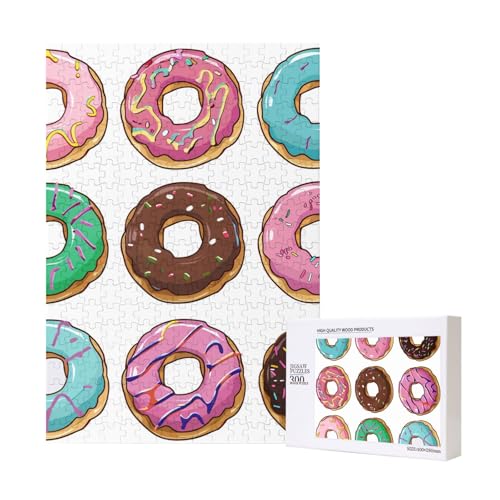Farbige Cartoon-Donuts, gedrucktes Intelligenz-Puzzle aus Holz, 28 x 40 cm, 300 Teile (verpackt), Puzzle, Lernspiel für Erwachsene, Heimdekoration, Puzzle von JKSEEPYN