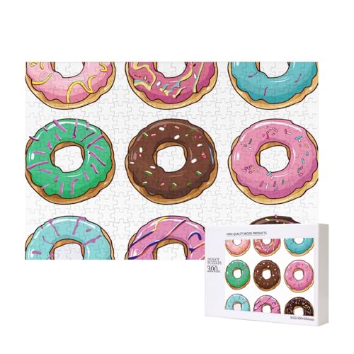Farbige Cartoon-Donuts, gedrucktes Intelligenz-Puzzle aus Holz, 40 x 28 cm, 300 Teile (verpackt), Puzzle, Lernspiel für Erwachsene, Heimdekoration, Puzzle von JKSEEPYN