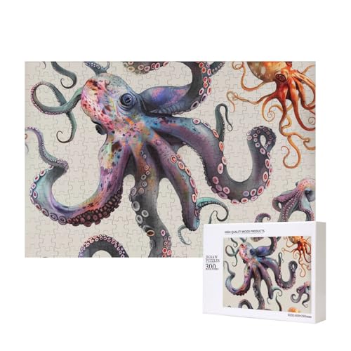 Farbiger Tintenfisch, bedrucktes Intelligenz-Puzzle aus Holz, 40 x 28 cm, 300 Teile (verpackt), Puzzle, Lernspiel für Erwachsene, Heimdekoration, Puzzle von JKSEEPYN