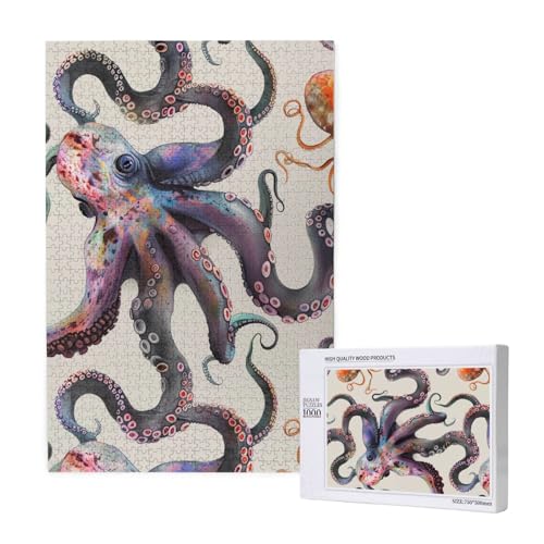 Farbiger Tintenfisch, bedrucktes Intelligenz-Puzzle aus Holz, 50 x 75 cm, 1000 Teile (verpackt), Puzzle, Lernspiel für Erwachsene, Heimdekoration, Puzzle von JKSEEPYN
