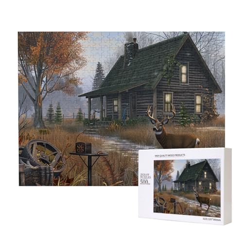 Ferienhaus Hirschjagd, bedrucktes Intelligenz-Puzzle aus Holz, 52 x 38 cm, 500 Teile (verpackt), Lernspiel für Erwachsene, Heimdekoration, Puzzle von JKSEEPYN