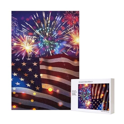 Feuerwerk Amerikanische Flagge 4. Juli gedrucktes Intelligenz-Puzzle aus Holz, 28 x 40 cm, 300 Teile (verpackt), Lernspiel für Erwachsene, Heimdekorationspuzzle von JKSEEPYN