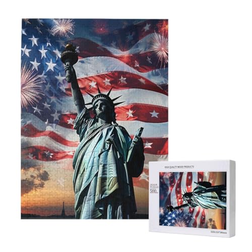Freiheitsstatue-Flagge, bedrucktes Intelligenz-Puzzle aus Holz, 38 x 52 cm, 500 Teile (verpackt), Lernspiel für Erwachsene, Heimdekorationspuzzle von JKSEEPYN