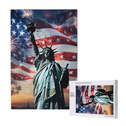 Freiheitsstatue-Flagge, bedrucktes Intelligenz-Puzzle aus Holz, 50 x 75 cm, 1000 Teile (verpackt), Puzzle, Lernspiel für Erwachsene, Heimdekoration, Puzzle von JKSEEPYN