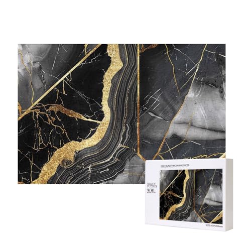 Goldfarbene und schwarze Marmor-Textur, bedrucktes Intelligenz-Puzzle aus Holz, 40 x 28 cm, 300 Teile (verpackt), Lernspiel für Erwachsene, Heimdekoration, Puzzle von JKSEEPYN