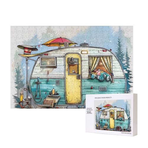 Happy Campers Intelligenz-Puzzle aus Holz, bedruckt, 40 x 28 cm, 300 Teile (verpackt), Puzzle, Lernspiel für Erwachsene, Heimdekoration, Puzzle von JKSEEPYN