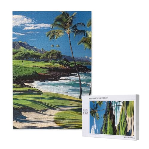 Hawaii Beach Golfplatz, bedrucktes Intelligenz-Puzzle aus Holz, 50 x 75 cm, 1000 Teile (verpackt), Puzzle, Lernspiel für Erwachsene, Heimdekoration, Puzzle von JKSEEPYN