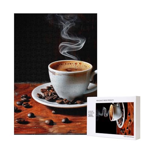 Heißer Kaffee mit Kaffeebohnen, bedrucktes Intelligenz-Puzzle aus Holz, 28 x 40 cm, 300 Teile (verpackt), Lernspiel für Erwachsene, Heimdekorationspuzzle von JKSEEPYN