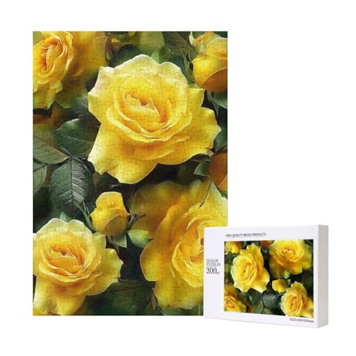 Hübsche gelbe Rose bedrucktes Intelligenz-Puzzle aus Holz, 28 x 40 cm, 300 Teile (verpackt), Lernspiel für Erwachsene, Heimdekorationspuzzle von JKSEEPYN