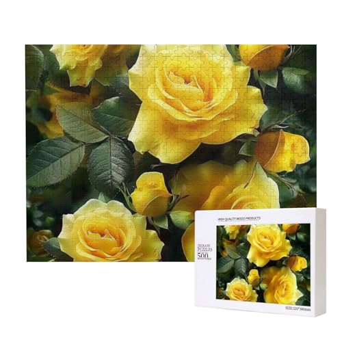 Hübsche gelbe Rose bedrucktes Intelligenz-Puzzle aus Holz, 52 x 38 cm, 500 Teile (verpackt), Lernspiel für Erwachsene, Heimdekorationspuzzle von JKSEEPYN