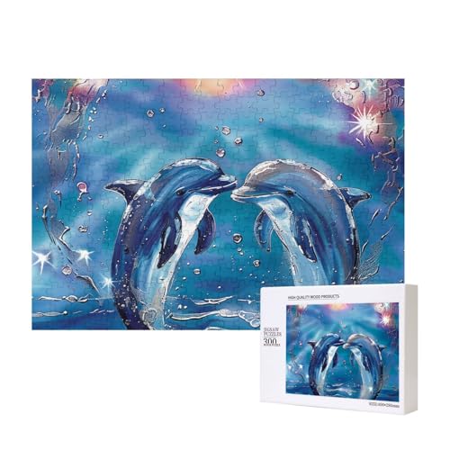 Intelligenz-Puzzle, Motiv: Delfine in Love, bedruckt, aus Holz, 40 x 28 cm, 300 Teile (verpackt), Puzzle, Lernspiel für Erwachsene, Heimdekoration, Puzzle von JKSEEPYN