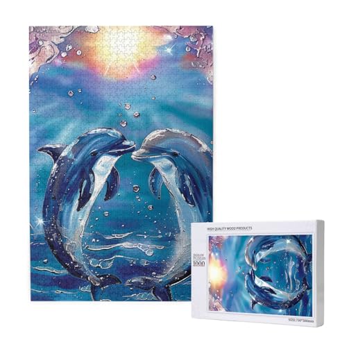 Intelligenz-Puzzle Delfine in Love aus Holz, bedruckt, 50 x 75 cm, 1000 Teile (verpackt), Puzzle, Lernspiel für Erwachsene, Heimdekoration, Puzzle von JKSEEPYN