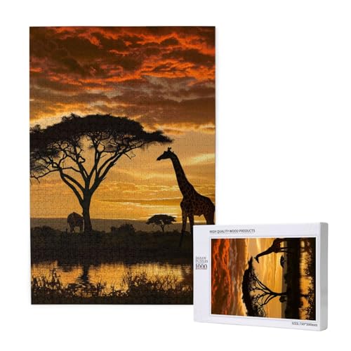Intelligenz-Puzzle Giraffe und Bäume in der Dämmerung in Afrika, gedrucktes Intelligenz-Puzzle, Holz, 50 x 75 cm, 1000 Teile (verpackt), Puzzle, Lernspiel für Erwachsene, Heimdekorationspuzzle von JKSEEPYN