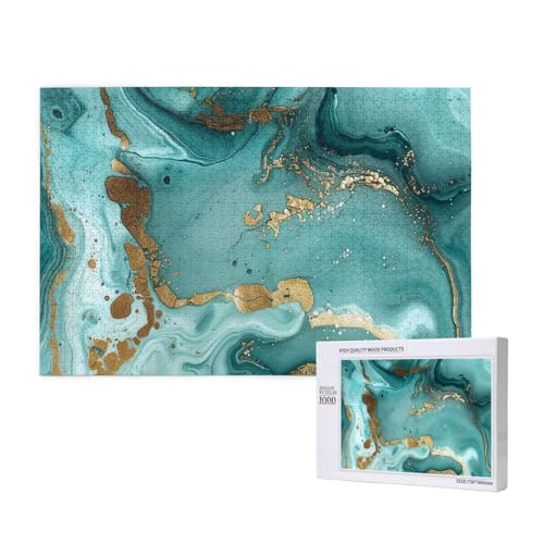 Intelligenz-Puzzle aus Holz, 75 x 50 cm, Blaugrün und goldfarbener Marmor, bedruckt, 1000 Teile (verpackt), Puzzle, Lernspiel für Erwachsene, Heimdekoration, Puzzle von JKSEEPYN