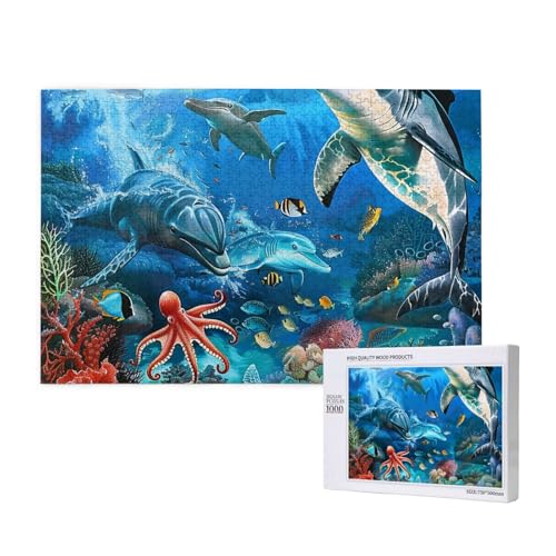 Intelligenz-Puzzle aus Holz, 75 x 50 cm, Delfine, Meeresschildkröte, Korallenriff, bedruckt, 1000 Teile (verpackt), Puzzle, Lernspiel für Erwachsene, Heimdekoration, Puzzle von JKSEEPYN