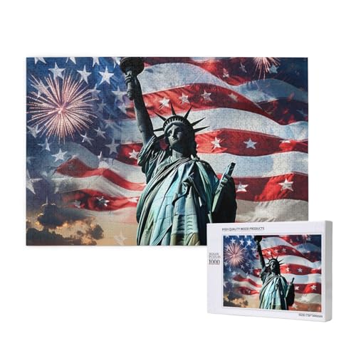 Intelligenz-Puzzle aus Holz, 75 x 50 cm, Freiheitsstatue-Flagge, bedruckt, 1000 Teile (in Box), Puzzle, Lernspiel für Erwachsene, Heimdekoration, Puzzle von JKSEEPYN