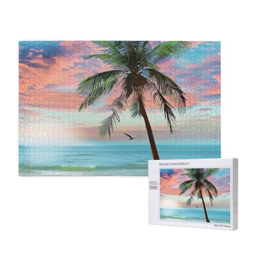 Intelligenz-Puzzle aus Holz, 75 x 50 cm, Kokospalme, Sandstrand, bedruckt, 1000 Teile (verpackt), Puzzle, Lernspiel für Erwachsene, Heimdekoration, Puzzle von JKSEEPYN