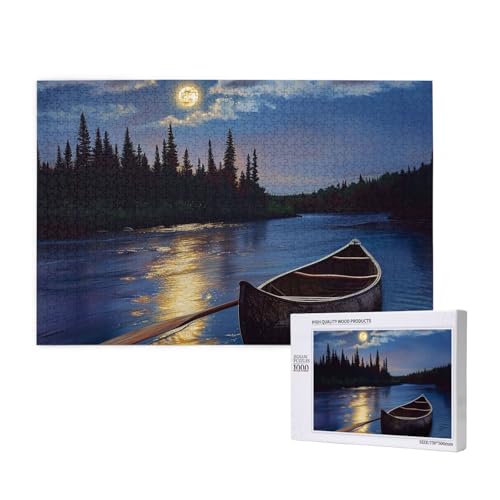 Intelligenz-Puzzle aus Holz, 75 x 50 cm, Mondschein Kanu, Allagasch-Fluss, bedruckt, 1000 Teile (verpackt), Puzzle, Lernspiel für Erwachsene, Heimdekoration, Puzzle von JKSEEPYN