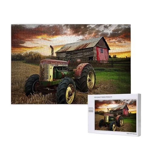 Intelligenz-Puzzle aus Holz, 75 x 50 cm, Motiv: alter Traktor, Foto, Bauernhof, bedruckt, 1000 Teile (verpackt), Puzzle, Lernspiel für Erwachsene, Heimdekoration, Puzzle von JKSEEPYN
