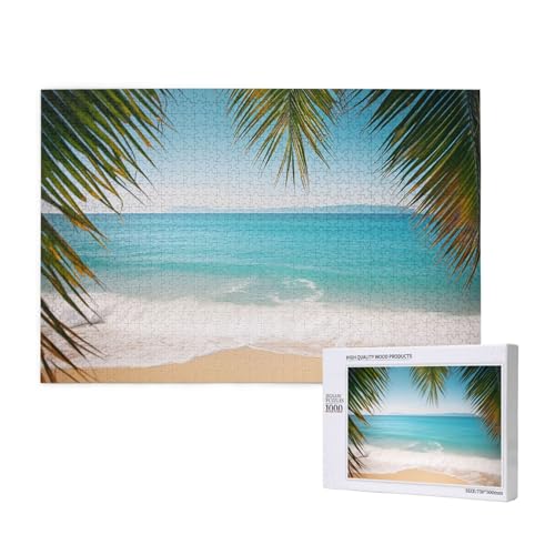 Intelligenz-Puzzle aus Holz, 75 x 50 cm, Ozean, Meer, Strand, Palmenblätter, bedruckt, 1000 Teile (verpackt), Puzzle, Lernspiel für Erwachsene, Heimdekoration, Puzzle von JKSEEPYN