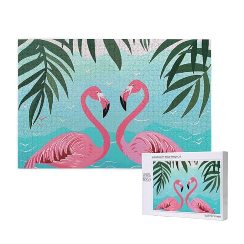 Intelligenz-Puzzle aus Holz, 75 x 50 cm, Palmblatt- und Flamingo-Paar, bedruckt, 1000 Teile (verpackt), Puzzle, Lernspiel für Erwachsene, Heimdekoration, Puzzle von JKSEEPYN