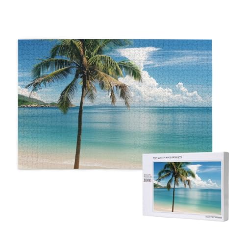 Intelligenz-Puzzle aus Holz, 75 x 50 cm, Strand und Palme, bedruckt, 1000 Teile (verpackt), Puzzle, Lernspiel für Erwachsene, Heimdekoration, Puzzle von JKSEEPYN