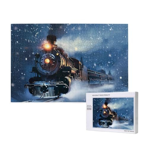 Intelligenz-Puzzle aus Holz, 75 x 50 cm, Winter, Weihnachten, Schnee, Nacht, Eisenbahn, Zug, bedruckt, 1000 Teile (verpackt), Puzzle, Lernspiel für Erwachsene, Heimdekoration, Puzzle von JKSEEPYN