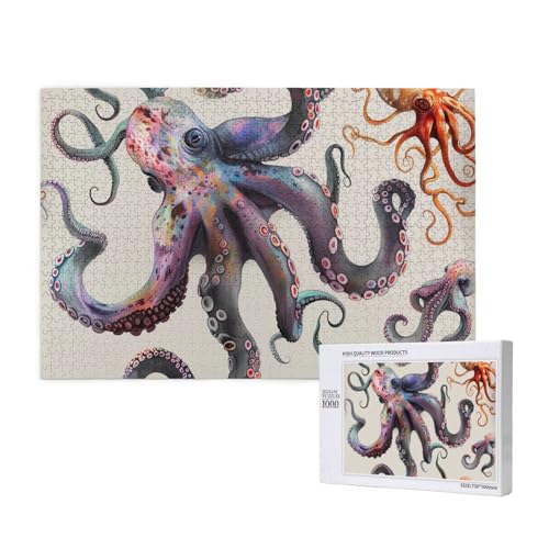 Intelligenz-Puzzle aus Holz, 75 x 50 cm, farbiger Tintenfisch, bedruckt, 1000 Teile (verpackt), Puzzle, Lernspiel für Erwachsene, Heimdekoration, Puzzle von JKSEEPYN
