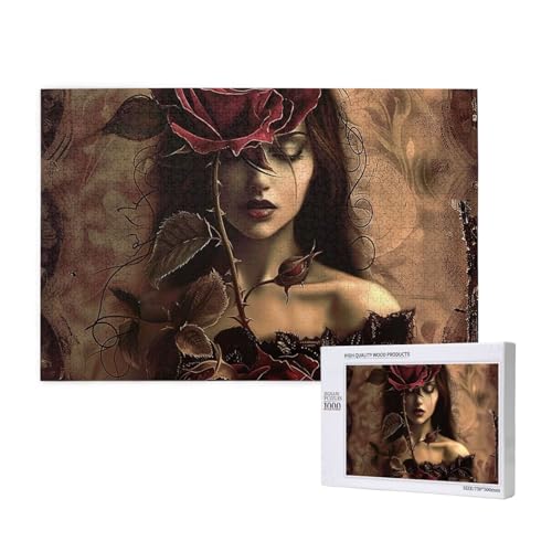 Intelligenz-Puzzle aus Holz, 75 x 50 cm, gotisches Rosenmädchen, bedruckt, 1000 Teile (verpackt), Puzzle, Lernspiel für Erwachsene, Heimdekoration, Puzzle von JKSEEPYN