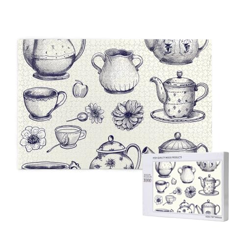 Intelligenz-Puzzle aus Holz, 75 x 50 cm, handgezeichnete Teekannen und Tassen, bedruckt, 1000 Teile (verpackt), Puzzle, Lernspiel für Erwachsene, Heimdekoration, Puzzle von JKSEEPYN