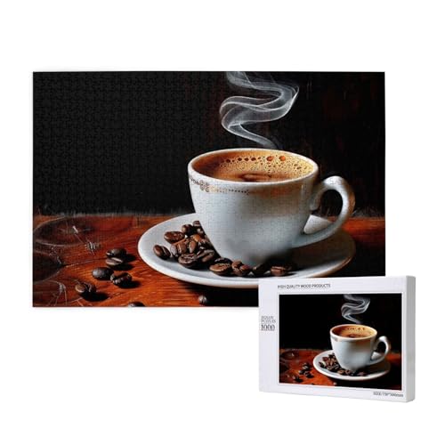 Intelligenz-Puzzle aus Holz, 75 x 50 cm, heißer Kaffee mit Kaffeebohnen, bedruckt, 1000 Teile (verpackt), Puzzle, Lernspiel für Erwachsene, Heimdekoration, Puzzle von JKSEEPYN