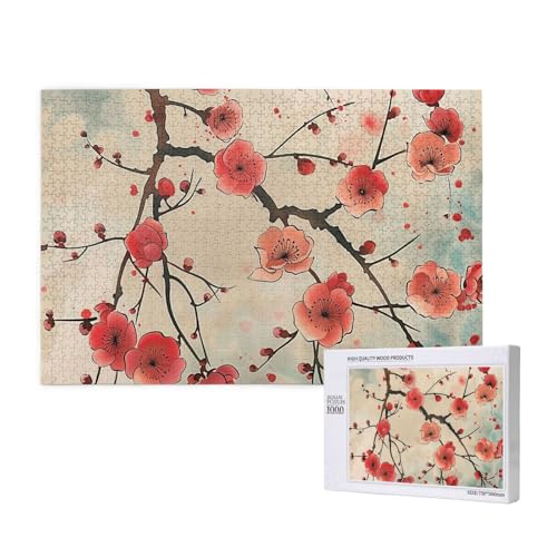 Intelligenz-Puzzle aus Holz, 75 x 50 cm, japanischer Frühlings-Pflaumen-Blumendruck, bedruckt, 1000 Teile (verpackt), Puzzle, Lernspiel für Erwachsene, Heimdekoration, Puzzle von JKSEEPYN