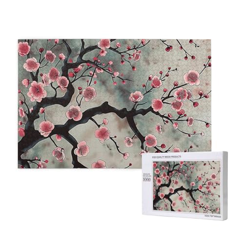 Intelligenz-Puzzle aus Holz, 75 x 50 cm, japanischer Frühlings-Pflaumenblumen, 1 gedrucktes Puzzle mit 1000 Teilen (verpackt), Lernspiel für Erwachsene, Heimdekoration, Puzzle von JKSEEPYN