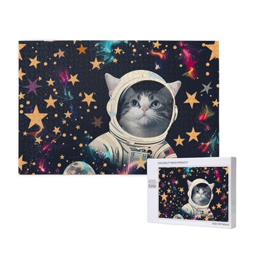 Intelligenz-Puzzle aus Holz, 75 x 50 cm, lustige Katze, Astronaut, bedruckt, 1000 Teile (verpackt), Puzzle, Lernspiel für Erwachsene, Heimdekoration, Puzzle von JKSEEPYN