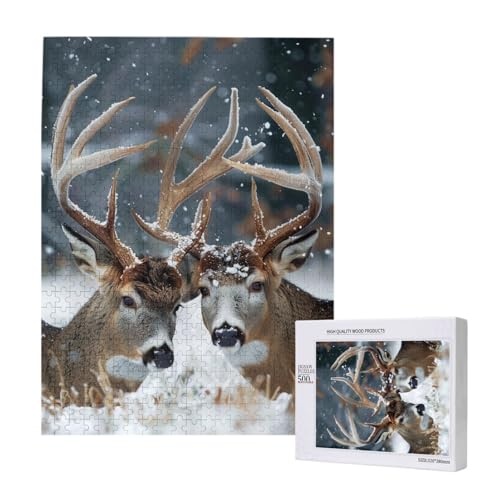 Intelligenz-Puzzle aus Holz, Motiv: Hirsch im schönen Schnee, 38 x 52 cm, 500 Teile (verpackt), Lernspiel für Erwachsene, Heimdekoration, Puzzle von JKSEEPYN