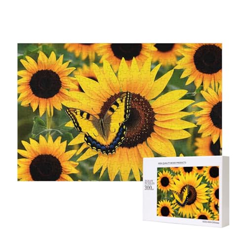 Intelligenz-Puzzle aus Holz, Motiv: Schmetterling, blühende Sonnenblumen, Pflanzen, Blumen, bedruckt, 40 x 28 cm, 300 Teile (verpackt), Lernspiel für Erwachsene, Heimdekoration, Puzzle von JKSEEPYN