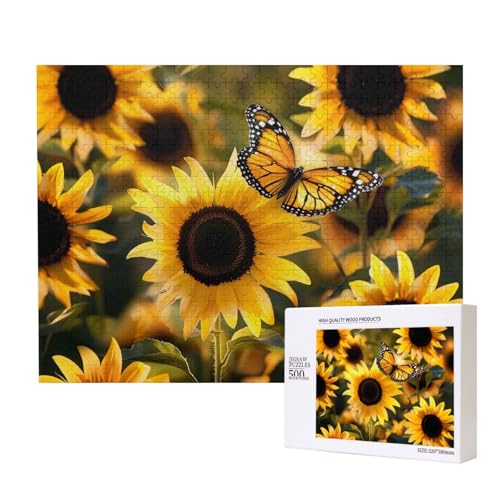 Intelligenz-Puzzle aus Holz, Motiv: Sonnenblume, blühende Blumen, Pflanzen, Schmetterling, bedruckt, 52 x 38 cm, 500 Teile (verpackt), Lernspiel für Erwachsene, Heimdekoration, Puzzle von JKSEEPYN